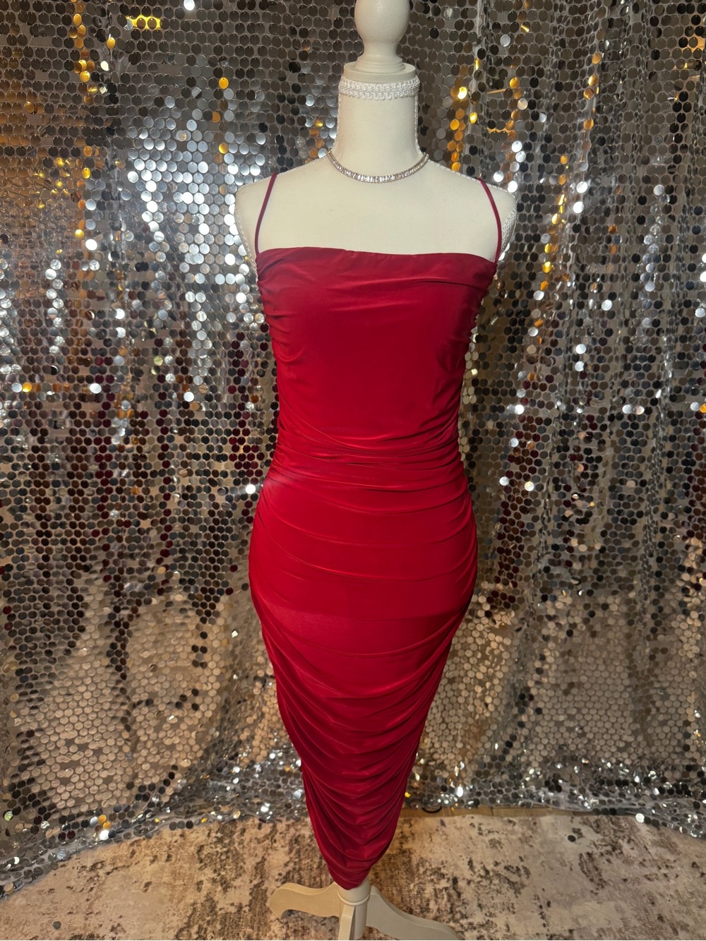 Windsor Red Ruched Satin Midi Slip Dress